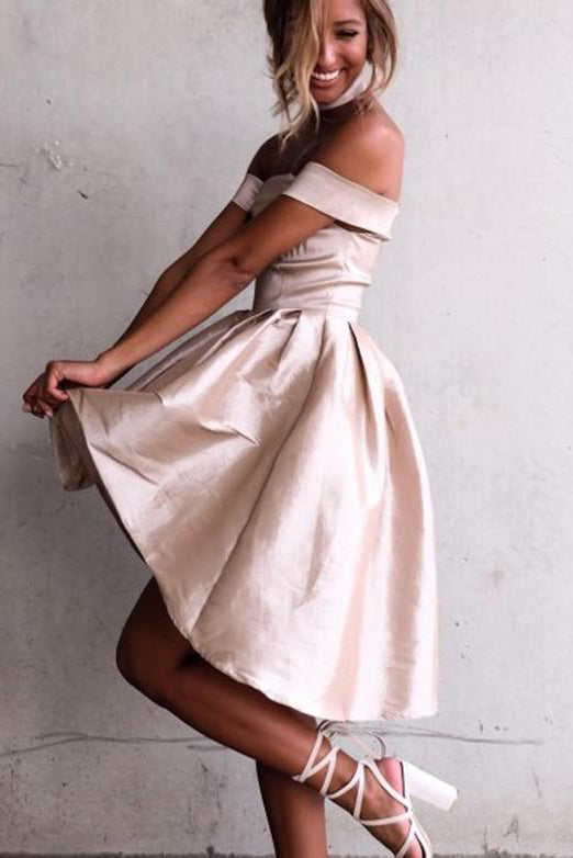 A-Line High Low Off Shoulder Sleeveless Homecoming Dresses OHM063