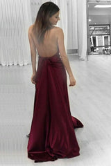 A-Line Halter Backless Burgundy Satin Prom Dress with Split L055