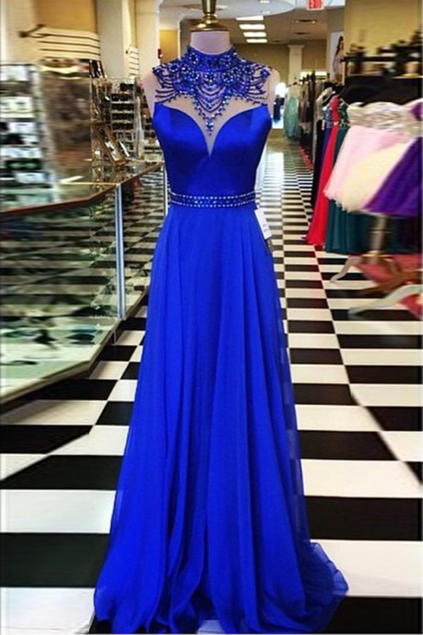A-line High Neck Open Back Sweep Train Royal Blue Prom Dress with Beading P76