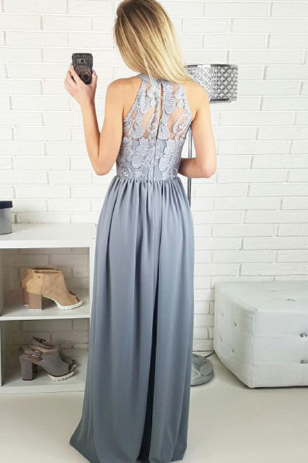 A-Line Jewel Floor-Length Grey Chiffon Prom Dress with Lace OHC052