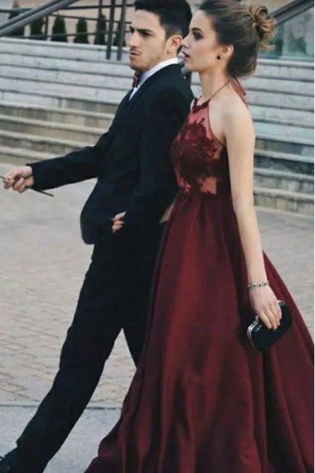 A-Line Halter Backless Floor-Length Burgundy Prom Dress with Appliques OHC059