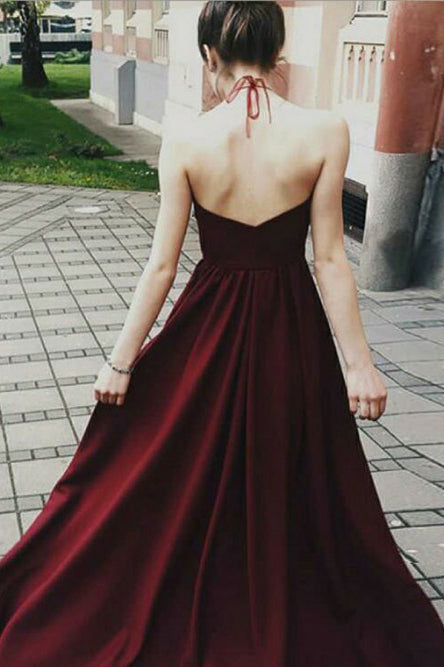 A-Line Halter Backless Floor-Length Burgundy Prom Dress with Appliques OHC059