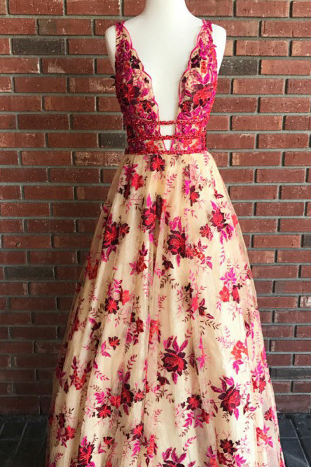 A-Line Deep V-Neck Light Champagne Prom Dress with Beading Appliques OHC101