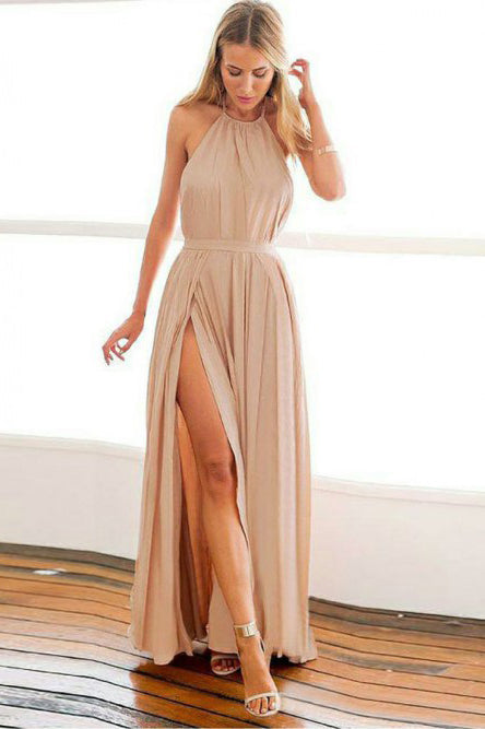A-Line Halter Backless Floor-Length Blush Prom Dress with Pleats OHC065
