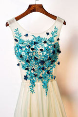 A-Line Crew Floor-Length Sage Tulle Sleeveless Prom Dress with Appliques Q86