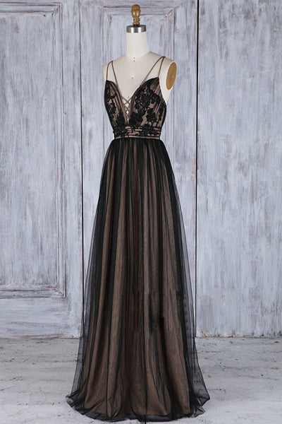 A-Line Deep V-Neck Sweep Train Black Tulle Backless Prom Dress Q72