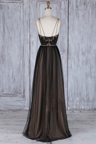 A-Line Deep V-Neck Sweep Train Black Tulle Backless Prom Dress Q72