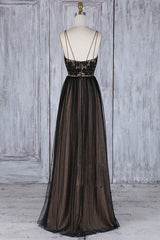 A-Line Deep V-Neck Sweep Train Black Tulle Backless Prom Dress Q72