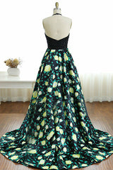 A-Line Halter Sweep Train Black Printed Satin Prom Dress with Beading Q70