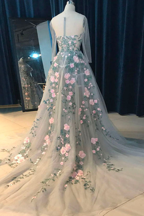 A-Line Crew Court Train 3/4 Sleeves Ivory Tulle Prom Dress with Appliques Q48