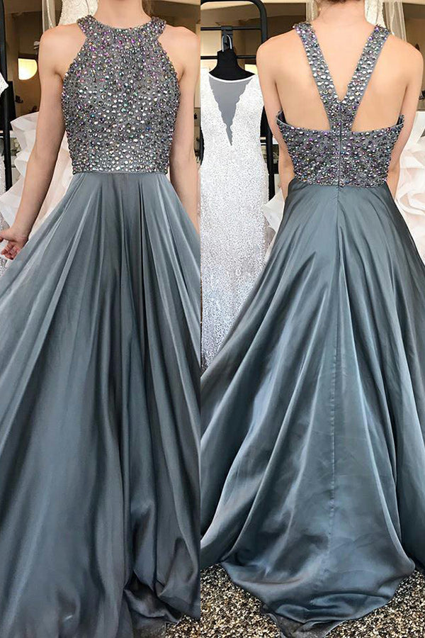 A-Line Crew Sweep Train Grey Sleeveless Chiffon Prom Dress with Beading Q14