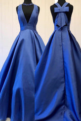 A-Line Deep V-Neck Court Train Royal Blue Satin Prom Dress with Bowknot Q11
