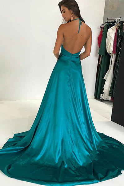 A-Line Deep V-Neck Sweep Train Turquoise Satin Backless Sleeveless Prom Dress C005