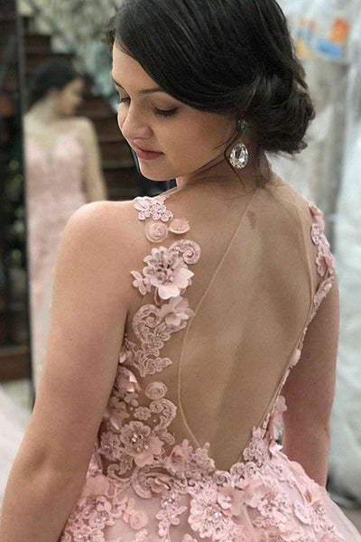 A-Line Deep V-Neck Sweep Train Pink Tulle Open Back Prom Dress with Appliques L028