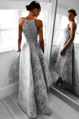 A-Line Halter Hi-Lo Floor-Length Sleeveless Grey Satin Prom Dress with Lace P37