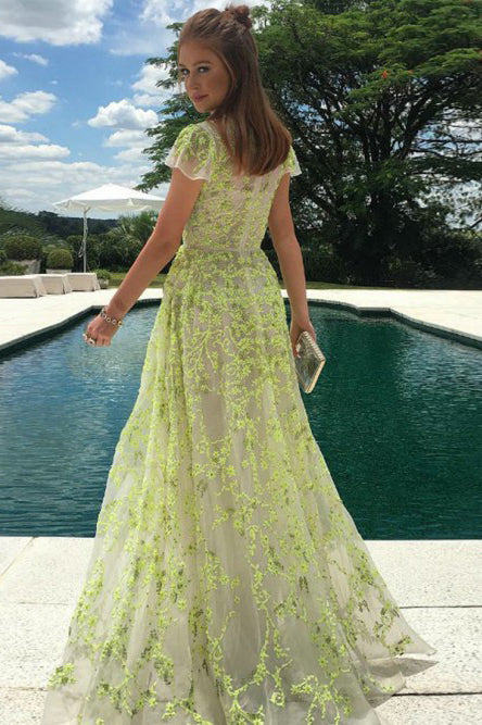 A-Line Jewel Cap Sleeves Floor-Length Daffodil Prom Dress with Appliques OHC086