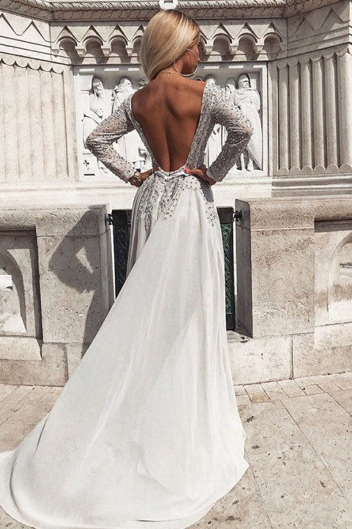 A-Line Bateau Long Sleeves Backless Prom/Evening Dress with Beading  OHC168