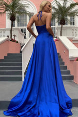 A-Line Halter Backless Sweep Train Royal Blue Prom Dress with Split LPD088