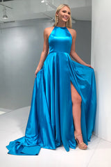 A-Line Crew Open Back Sweep Train Blue Prom Dress with Split PD012