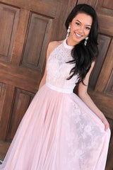 A-Line Halter Floor-Length Pink Tulle Prom Dress with Sash Lace OHC100