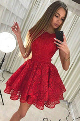 A-Line Jewel Lace Red Pleat Homecoming Dress with Tiered Skirt OHM036