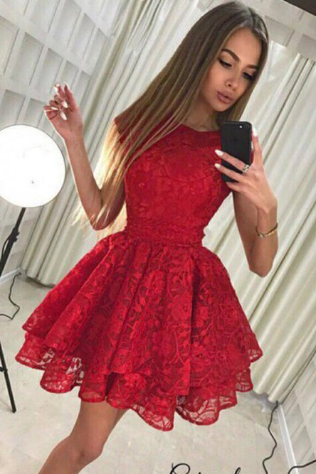 A-Line Jewel Lace Red Pleat Homecoming Dress with Tiered Skirt OHM036