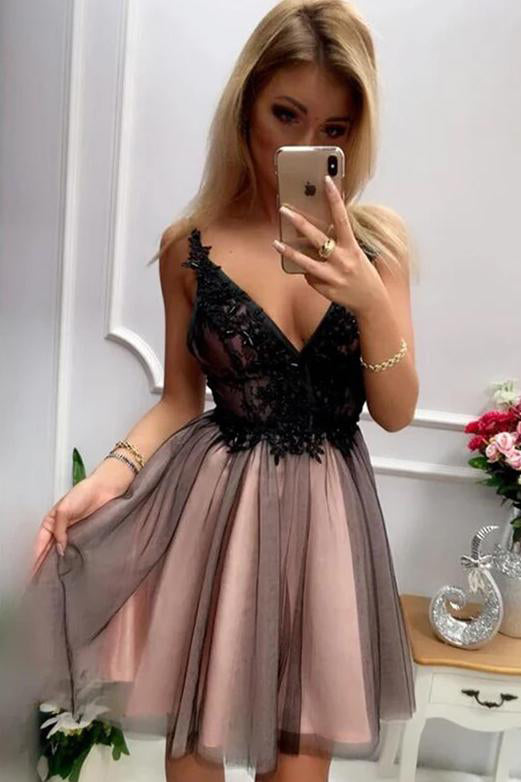 A Line Stylish V Neck Short Homecoming Dresses with Appliques OHM015