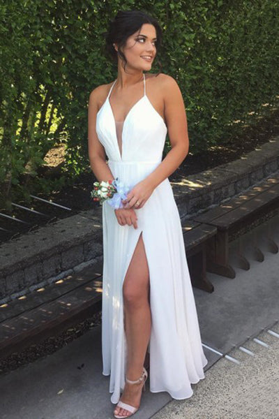 A-line Halter Floor Length Split White Backless Prom Dress with Pleats P78