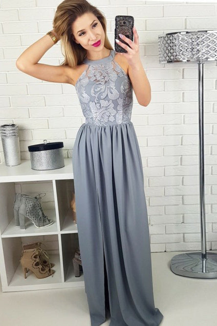 A-Line Jewel Floor-Length Grey Chiffon Prom Dress with Lace OHC052