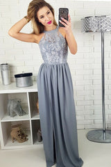 A-Line Jewel Floor-Length Grey Chiffon Prom Dress with Lace OHC052