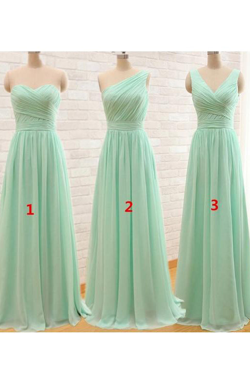 A Line Sweetheart V-neck Floor Length Sleeveless Long Chiffon Bridesmaid Dresses with Ruffles OHS124