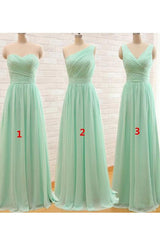 A Line Sweetheart V-neck Floor Length Sleeveless Long Chiffon Bridesmaid Dresses with Ruffles OHS124