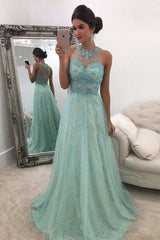 A-Line Jewel Floor-Length Blue Tulle Prom Dress with Appliques OHC071