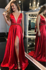 A-Line Deep V-Neck Sweep Train Red Prom Dress with Beading Split LPD091