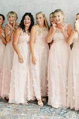 A-Line Crew Floor-Length Chiffon Bridesmaid Dress with Flowers OHS084