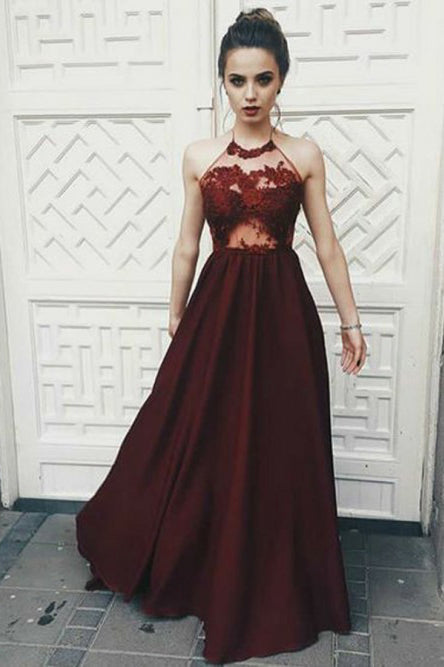 A-Line Halter Backless Floor-Length Burgundy Prom Dress with Appliques OHC059