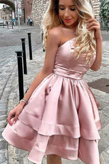 A Line One Shoulder Pink Short Homecoming Prom Dresses with Ruched OHM023