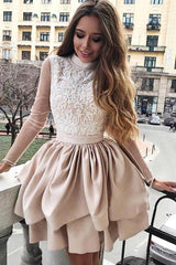 A-Line High Neck Long Sleeves Homecoming Dresses with Appliques OHM020