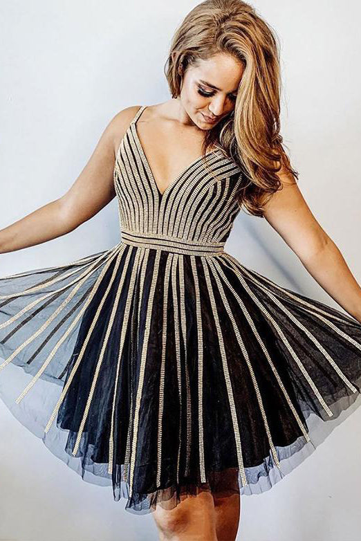 A Line Spaghetti Straps Black Short Homecoming Dresses Beading OHM077