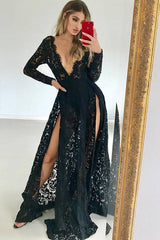 A-Line Deep V-Neck Long Sleeves Floor-Length Black Lace Prom Dress with Split OHC025