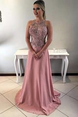 A-Line Jewel Sweep Train Criss-Cross Straps Blush Satin Prom Dress with Beading Q95