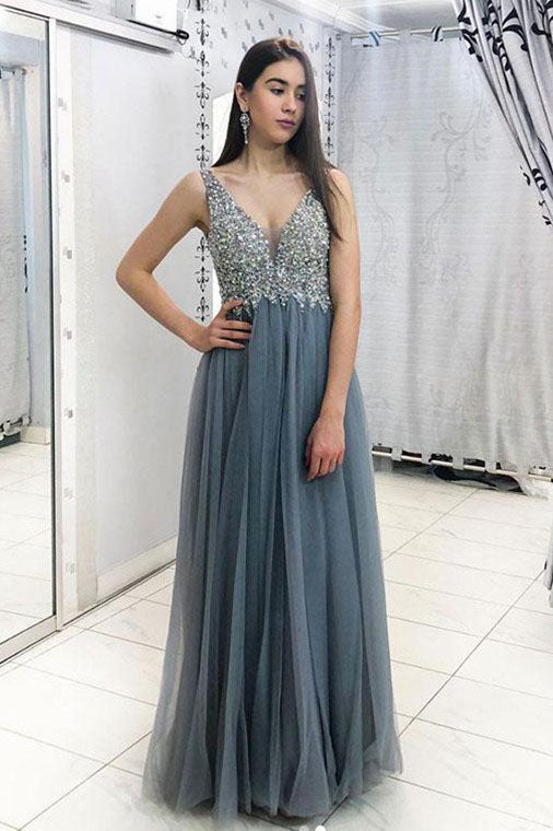 A Line Sleeveless Tulle Beading Long Prom/Evening  Dresses OHC158