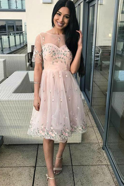 A-Line Crew Short Sleeves Tulle Homecoming Dress with Embroidery OHM081