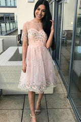 A-Line Crew Short Sleeves Tulle Homecoming Dress with Embroidery OHM081