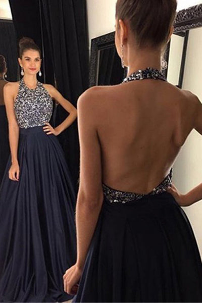 A-line Halter Sleeveless Sweep Train Backless Navy Blue Prom Dress with Beading LPD033