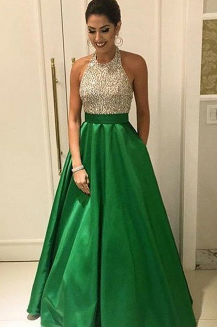 A-Line Halter Backless Green Satin Prom Dress with Beading Pockets OHC046