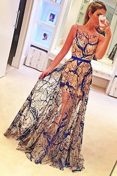 A-line Bateau Navy Blue Lace Sleeveless Sweep Train Prom Dress with Sashes P40