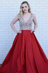 A-Line Deep V-Neck Sweep Train Dark Red Satin Backless Prom Dress with Beading L001