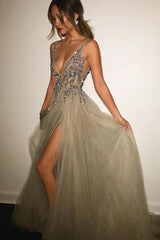 A-line Deep V-neck Backless Split Sweep Train Grey Prom Dress with Beading LPD039