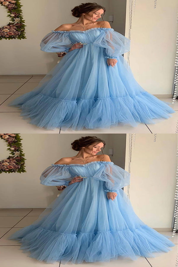 A Line Blue Tulle Off Shoulder Puffy Sleeves Long Prom Dress Evening Dress PD016